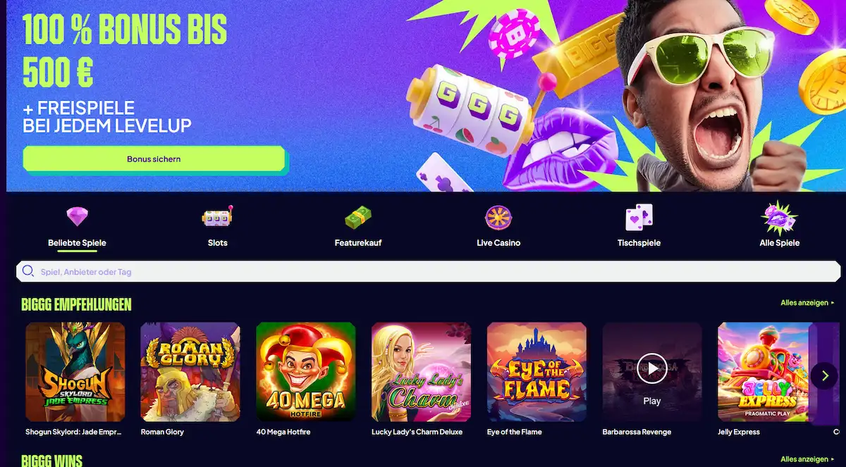 Biggg Casino Startseite – Spiellobby mit Slots und Live-Casino